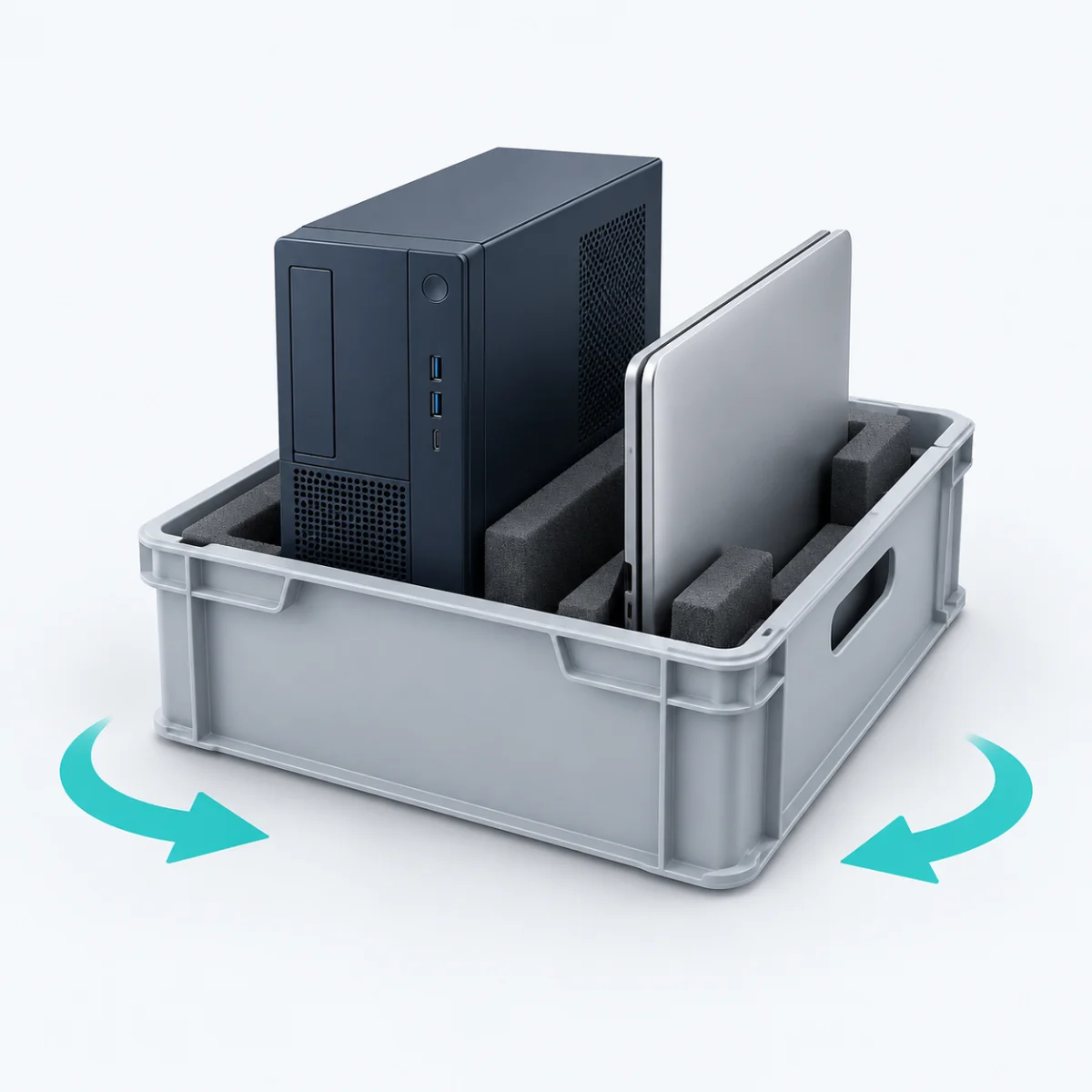 Laptop und PC in einer gepolsterten Transportbox mit Pfeilen für Abholung und Rücklieferung – KI-generierte Illustration