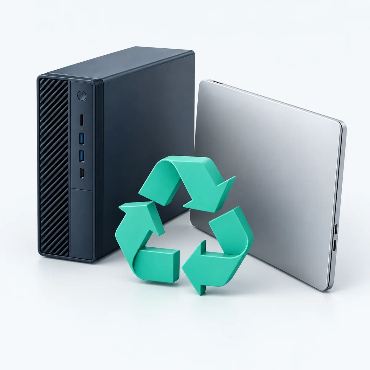 Altcomputer und Laptop mit Recyclingzeichen für die Geräterücknahme – KI-generierte Illustration