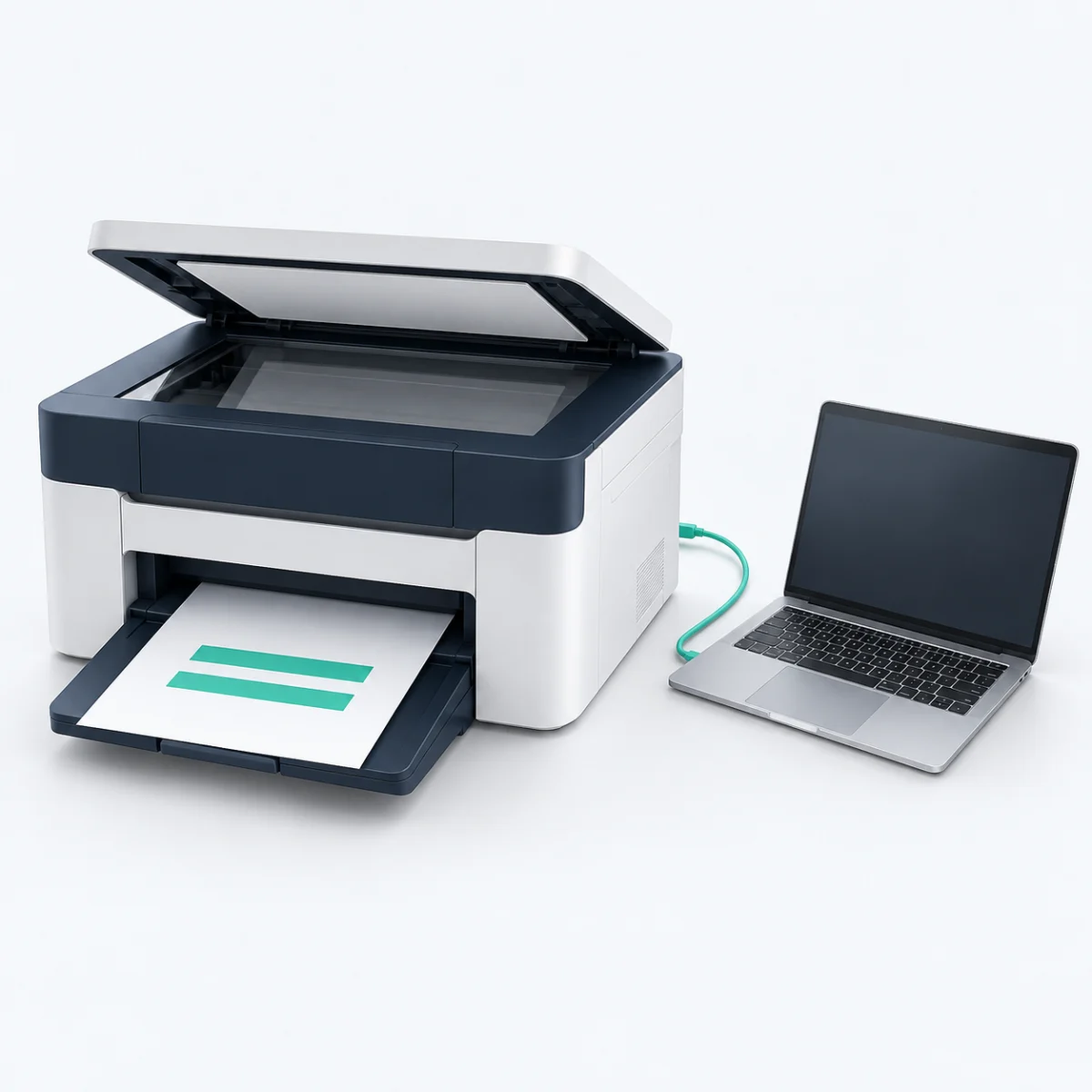 Multifunktionsdrucker und angeschlossener Laptop für die Druckereinrichtung – KI-generierte Illustration