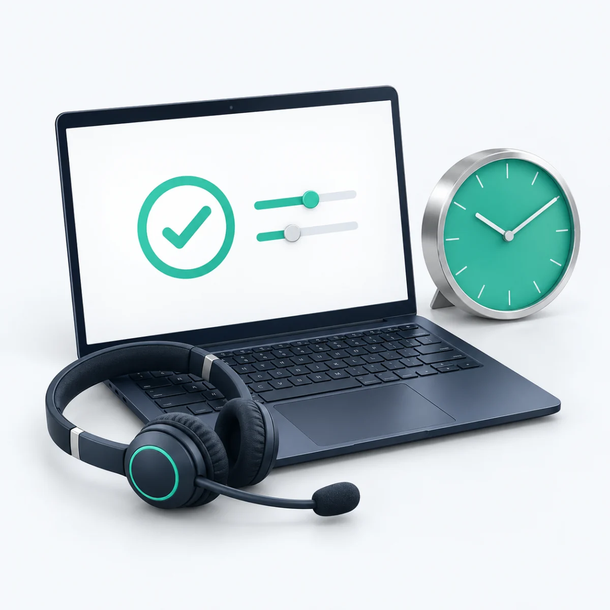Laptop und Headset mit Uhr für zeitgebuchten IT-Support – KI-generierte Illustration