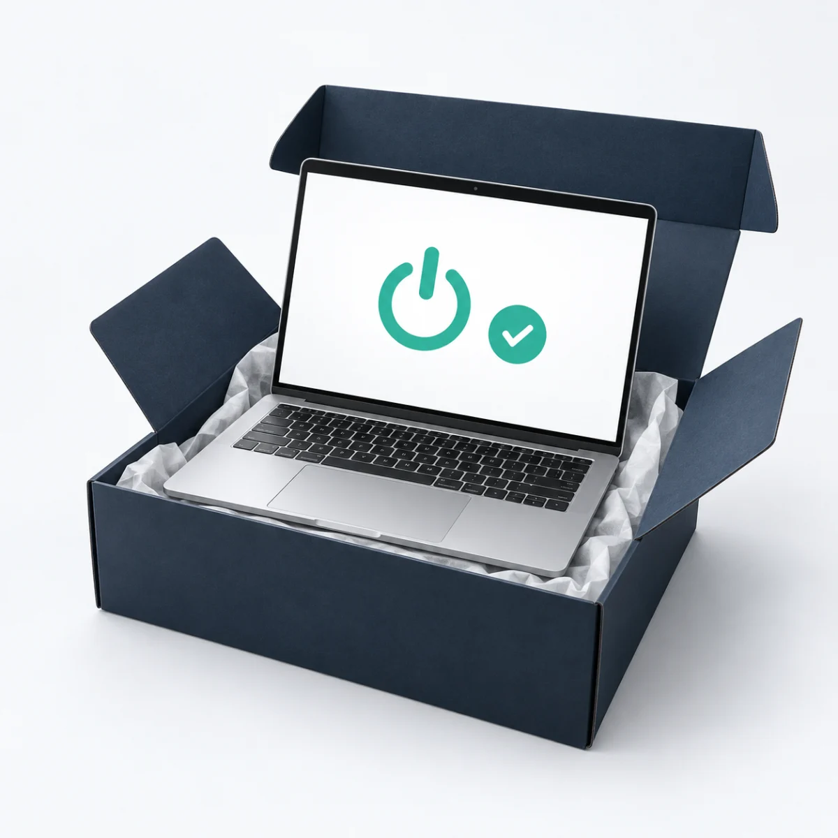 Neuer Laptop im Karton mit Startsymbol für die Ersteinrichtung – KI-generierte Illustration