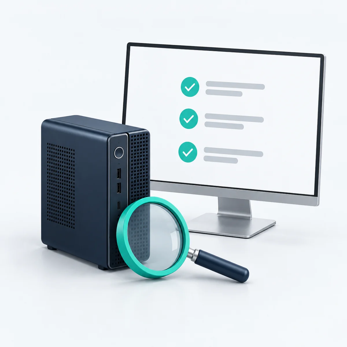 Computer mit Prüfliste und Lupe für den PC-Check – KI-generierte Illustration