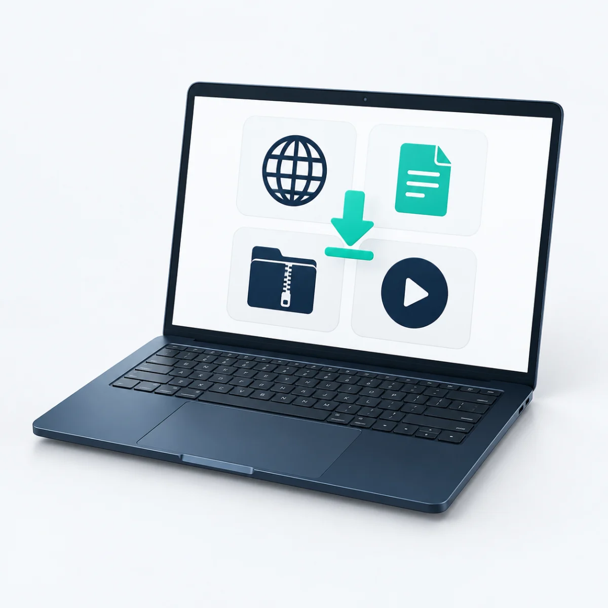 Laptop mit Browser-, Dokument-, Archiv- und Mediensymbolen für das Software-Startpaket – KI-generierte Illustration