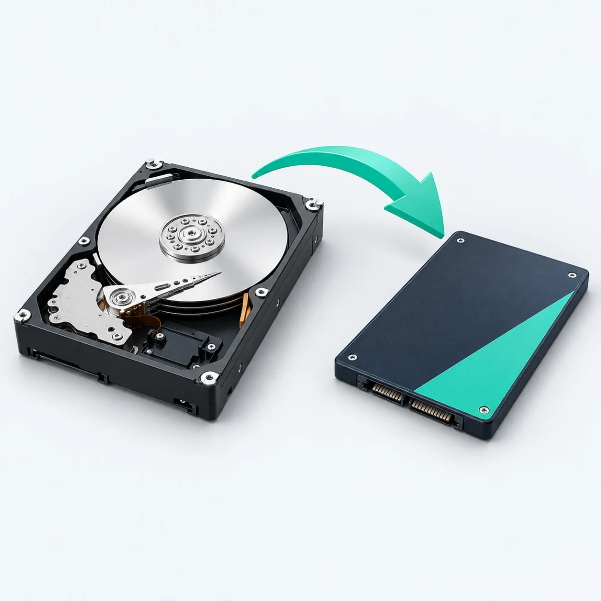 Festplatte und SSD mit Übertragungspfeil für den Systemumzug – KI-generierte Illustration