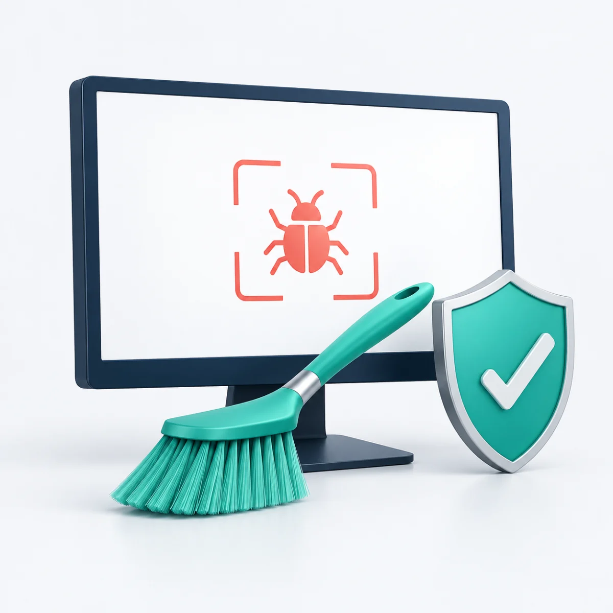 Bildschirm mit Schadsoftware-Symbol, Bürste und Schutzschild für Malware-Entfernung – KI-generierte Illustration