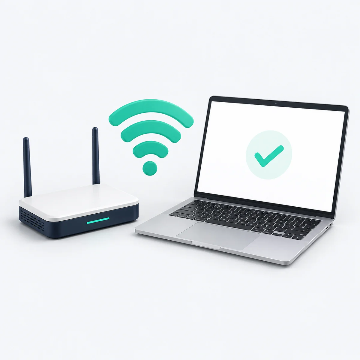 WLAN-Router und Laptop mit Funksymbol für die Interneteinrichtung – KI-generierte Illustration