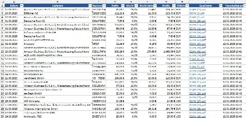 Excel-Tabelle mit den erkannten Rechnungsdaten