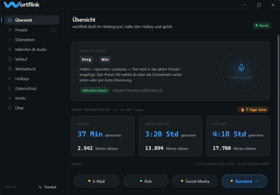 Wortflink App-Oberfl&auml;che, Voice-to-Text f&uuml;r Windows mit Push-to-Talk und Produktivit&auml;ts-Statistik
